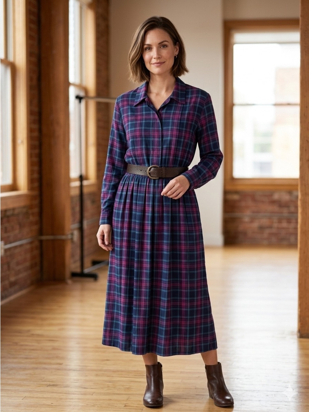 Talbots Plaid Midi Shirt Dress Teal & Purple Size 12 - Classic Office Style - Picture 2 of 7